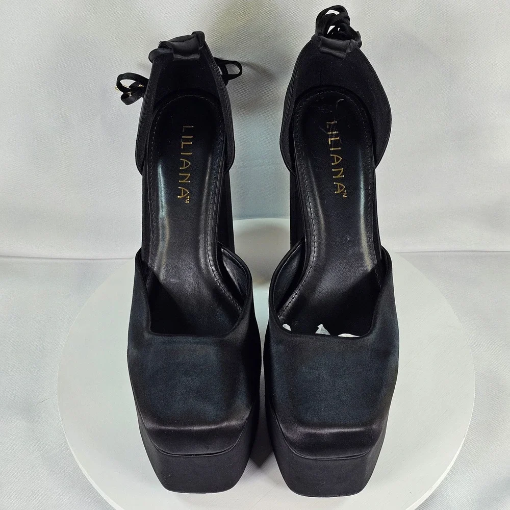 Liliana Black Satin Platform Pumps Square Toe Ankle Tie‎ Block Heel 10 00469310